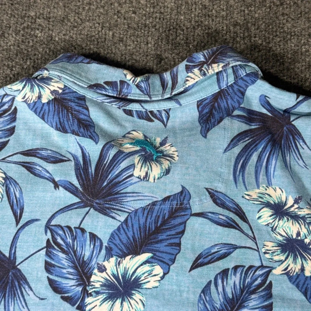 Tommy Bahama Polo Shirt Mens Large L Blue Tropical Hibiscus Floral Stretch Polo
